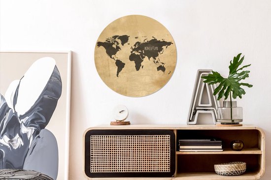 WallCircle - Stickers muraux - Cercle Papier Peint - Wereldkaart - Marron - Vintage - 50x50 cm - Cercle Mural - Auto Adhésif - Autocollant Rond Papier Peint