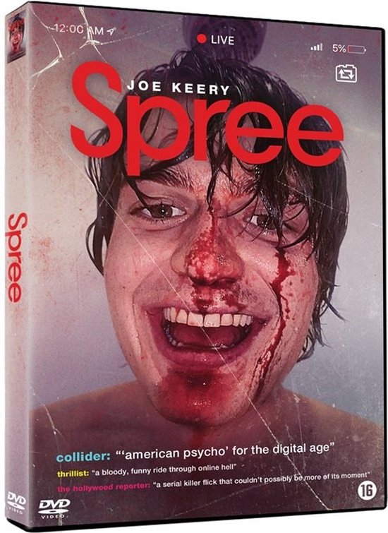 DVD-hoes met een close-up van een man met bloed op zijn gezicht en de titel 'Spree' in rode letters.