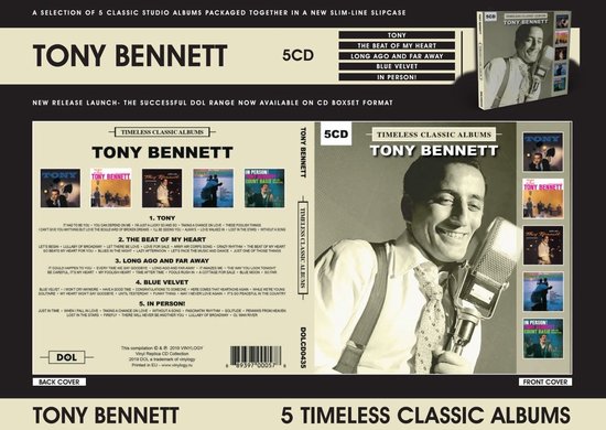 Tony Bennett 5-cd boxset met klassieke albums, inclusief hoesontwerpen en tracklijsten in een slanke slipcase.