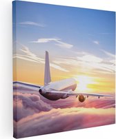 Artaza Canvas Schilderij Vliegtuig In De Wolken Bij Zonsondergang - 90x90 - Groot - Foto Op Canvas - Canvas Print