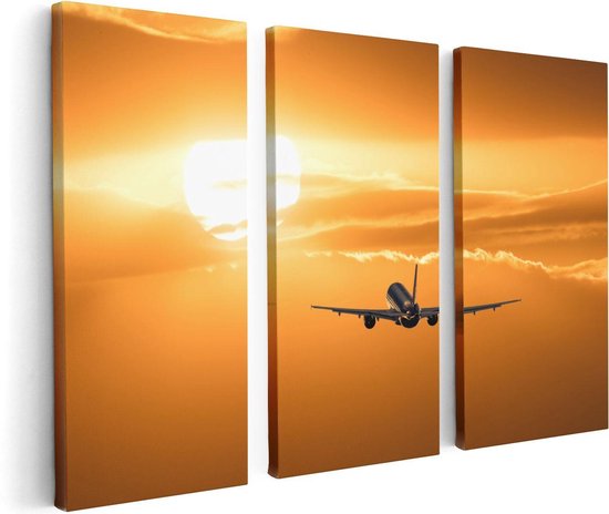 Artaza Canvas Schilderij Drieluik Vliegtuig Bij Zonsondergang - 120x80 - Foto Op Canvas - Canvas Print