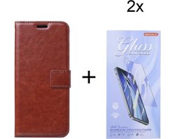 Bookcase Geschikt voor: OnePlus 9 Pro - Bookcase Bruin - portemonnee hoesje met 2 stuk Glas Screen protector