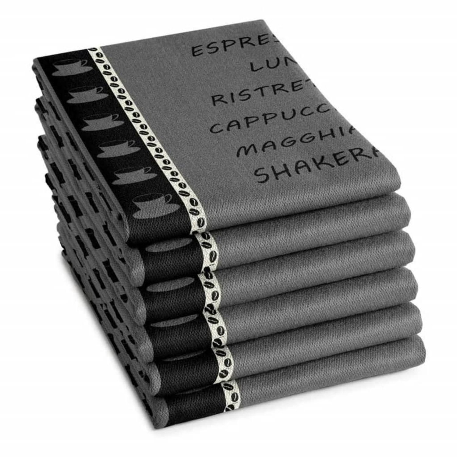 DDDDD - Ristretto - 6x Theedoek - Set van 6 - Katoen - Koffieprint - 60x65 cm - Grijs