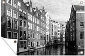 Tuindecoratie Grachtenpanden langs het kanaal in Amsterdam - zwart wit - 60x40 cm - Tuinposter - Tuindoek - Buitenposter
