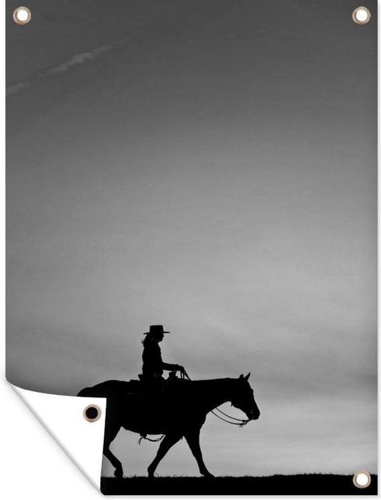 Tuinschilderij Silhouet van een cowboy op een paard - zwart wit - 60x80 cm - Tuinposter - Tuindoek - Buitenposter
