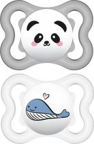 MAM Pack van 2 Supreme-fopspenen - 2-6 + maanden - Siliconen + sterilisatiedoos - panda en walvis