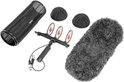 BOYA windkap-set: zwarte grillwindkap, fluffy windkap en drie ringen met rode elastieken.