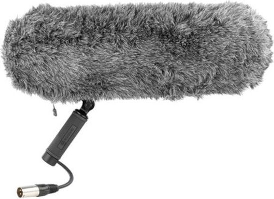 Grijze, pluizige windkap voor microfoon met een zwarte handgreep en XLR-kabel.