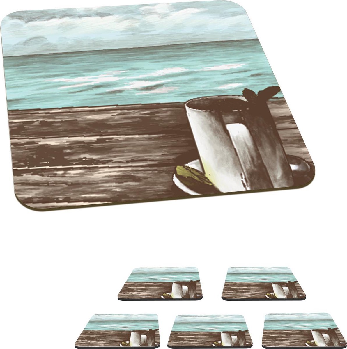 Onderzetters voor glazen - Zee - Thee - Mok - 10x10 cm - Glasonderzetters - 6 stuks