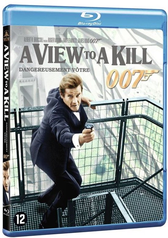 Blu-ray hoes met Roger Moore in een donker pak, pistool in de hand, klimmend over een reling. "A View to a Kill 007" op de voorkant.