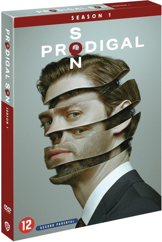 DVD-hoes van Prodigal Son Seizoen 1 met een man wiens gezicht in lagen is gesneden. Met 'DVD' en '12' logo.