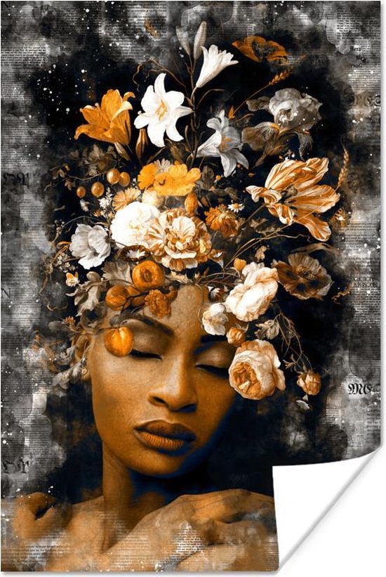 Poster Vrouwen - Goud - Bloemen - 20x30 cm