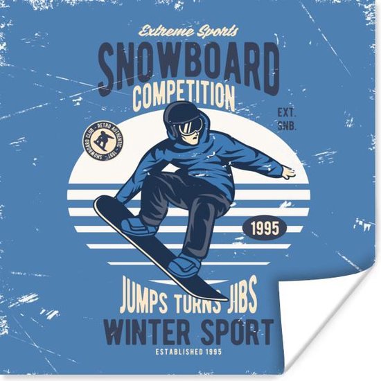 Poster Snowboard - Wintersport - Retro - 30x30 cm - Vaderdag cadeau - Geschenk - Cadeautje voor hem - Tip - Mannen