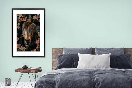 Affiche avec cadre Cheval - Fleurs - Feuilles - 80x120 cm