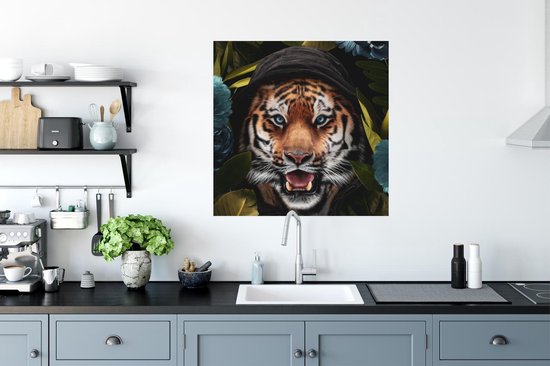 Poster Tijger - Bloemen - Blauw - 75x75 cm
