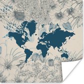 Poster Wereldkaart - Bloem - Blauw - 30x30 cm