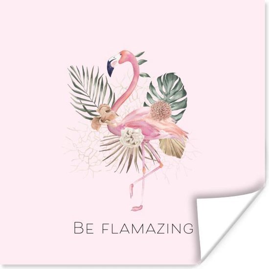 Poster Flamingo - Bloemen - Bladeren - Pastel - 75x75 cm