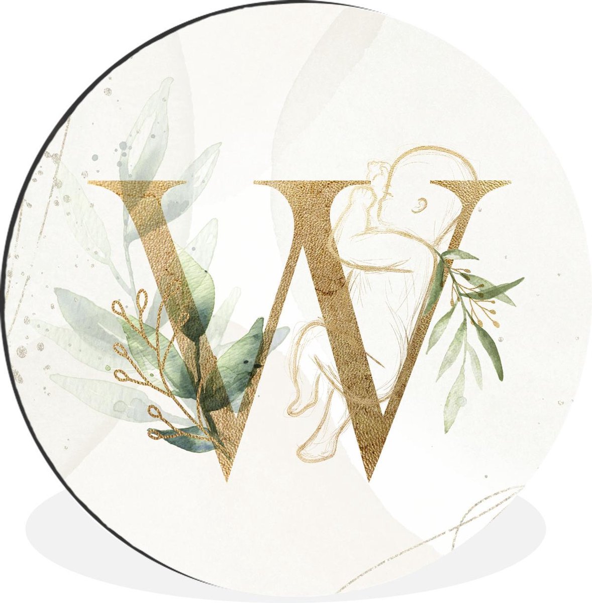 WallCircle - Wandcirkel - Muurcirkel - Letters - W - Baby - Waterverf - Aluminium - Dibond - 30x30 cm - Binnen en Buiten