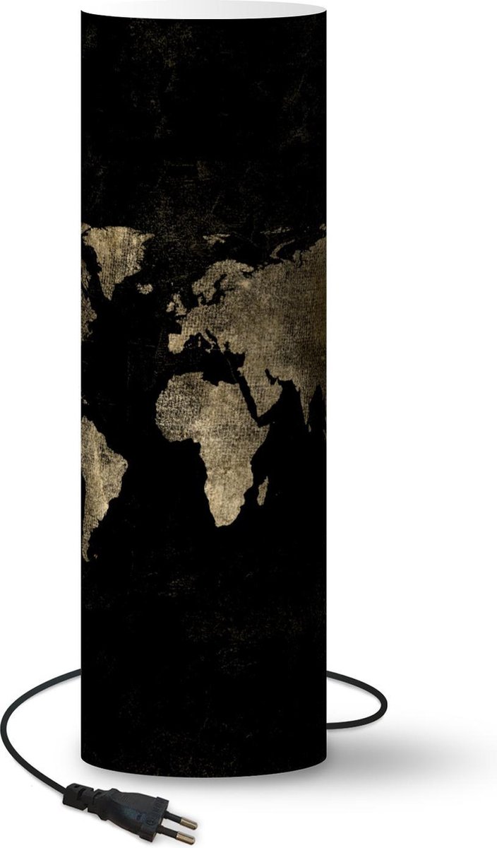 Lamp - Nachtlampje - Tafellamp slaapkamer - Wereldkaart - Zwart - Goud - 60 cm hoog - Ø19.1 cm - Inclusief LED lamp