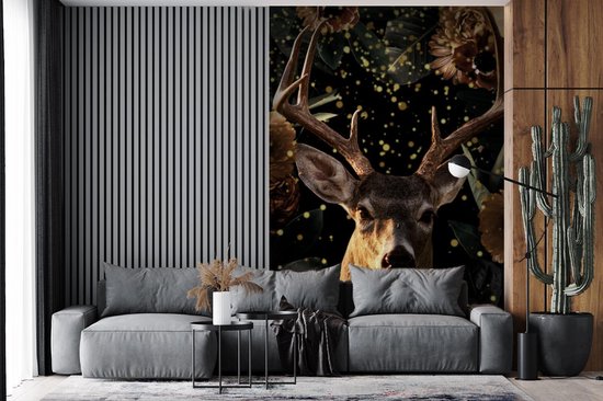 Papier peint - Papier peint photo Cerf - Fleurs - Or - Largeur 180 cm x hauteur 280 cm