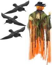 Halloween - Horror decoratie pakket hangende pompoen vogelverschrikker met kraaien/raven - Halloween thema versiering