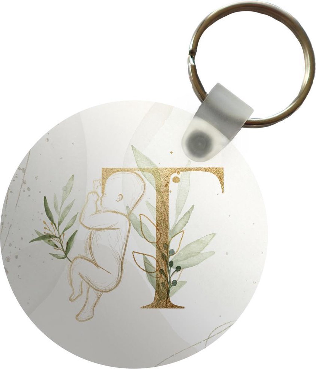 Sleutelhanger - Letters - T - Waterverf - Goud - Plastic - Rond - Uitdeelcadeautjes