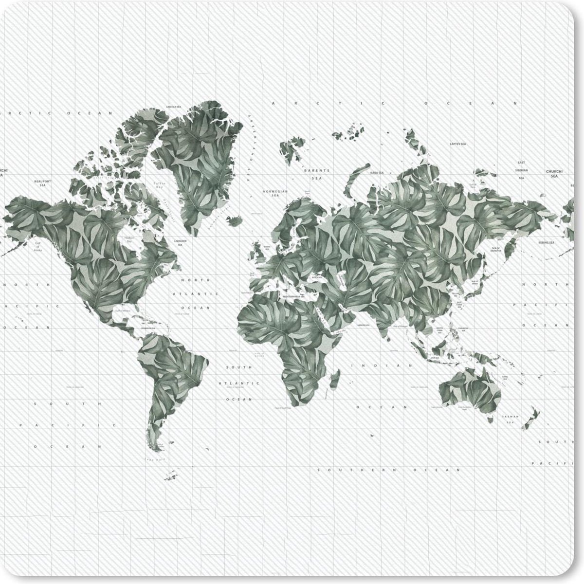 Muismat 20x20 cm - Mousepad Wereldkaart - Groen - Bladeren - Muismatten
