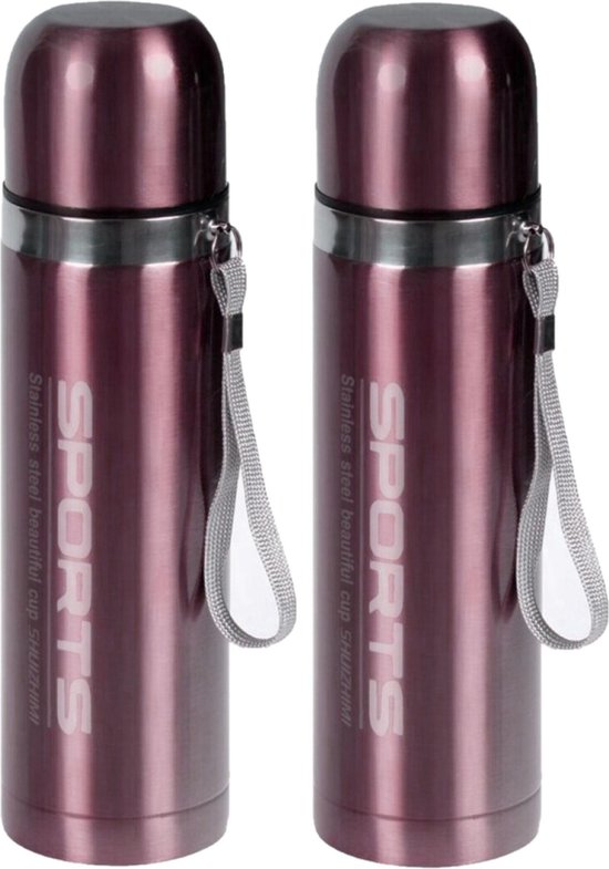 2x stuks metallic thermosflessen / isoleerflessen RVS voor onderweg lichtroze 500 ml - RVS - thermosflessen / isoleerflessen