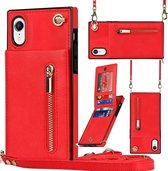 Cross-body rits vierkante TPU + PU achterkant van de behuizing met houder en kaartsleuven en portemonnee en riem voor iPhone XR (rood)