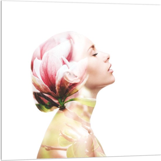 Acrylglas - Vrouw met Haar van Roze Bloem - 100x100cm Foto op Acrylglas (Wanddecoratie op Acrylglas)