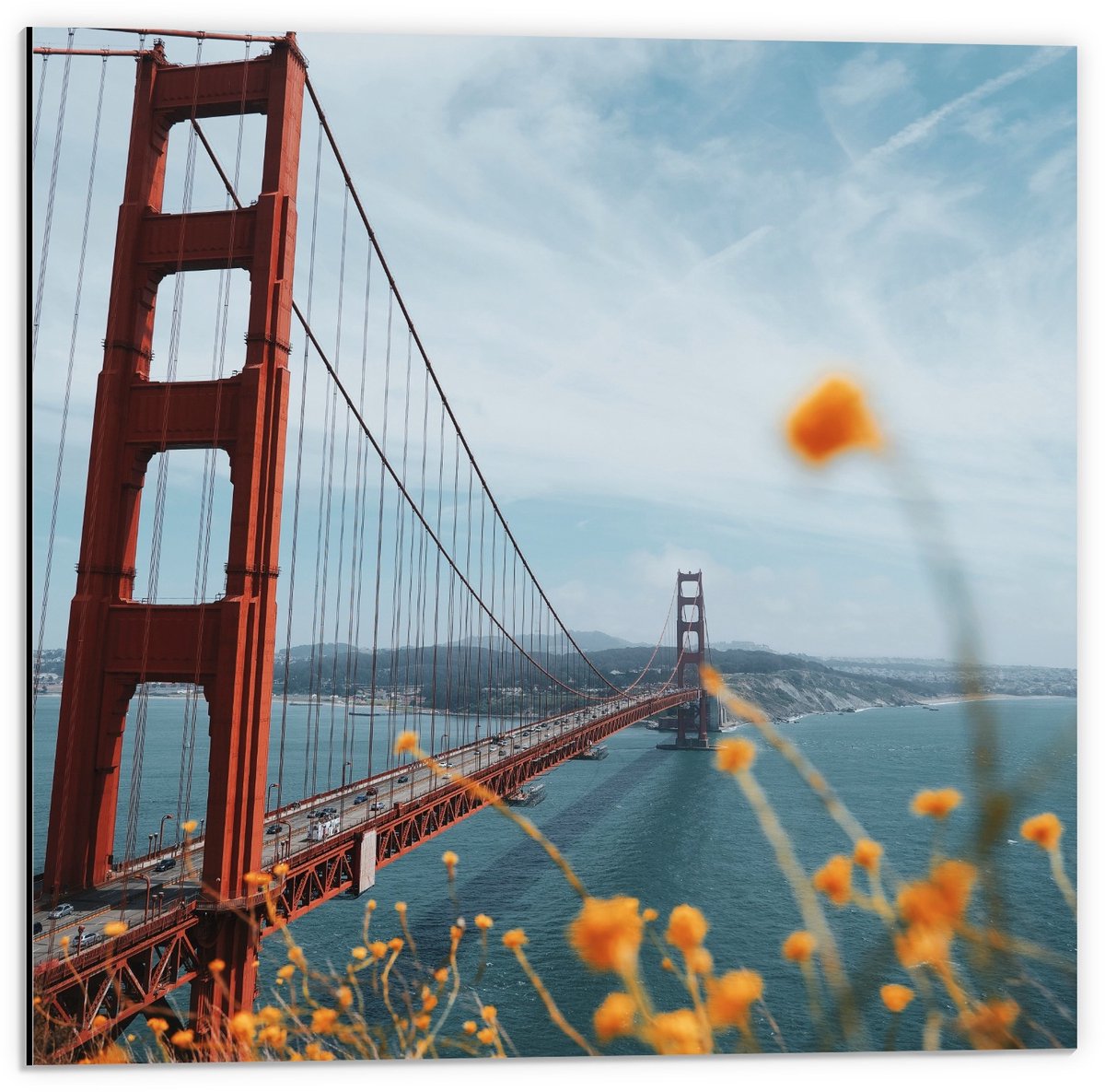 KuijsFotoprint Dibond - Golden Gate Bridge in Californië - 50x50cm Foto op Aluminium (Met Ophangsysteem) Blauw