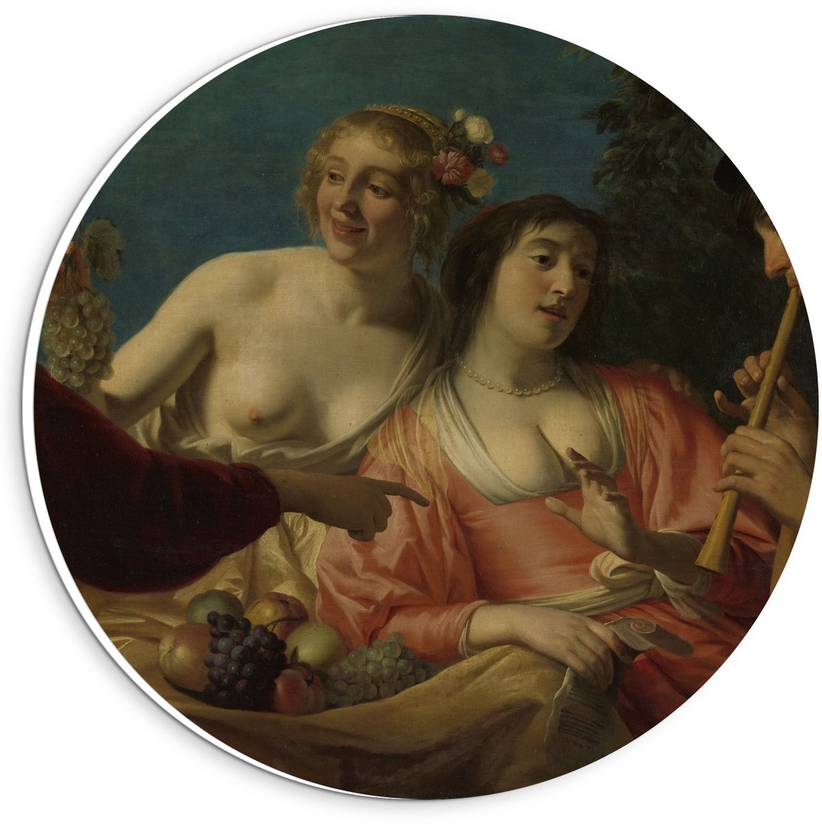 KuijsFotoprint Schilderij - Oude Meesters Fluitspelende Herder Herderinne. Gerard V Honthorst - Blauw, Bruin En Roze - 20 X 20 Cm