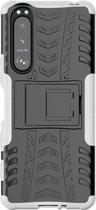 Voor Sony Xperia 5 III Tyre Texture Schokbestendig TPU + pc-beschermhoes met houder (wit)