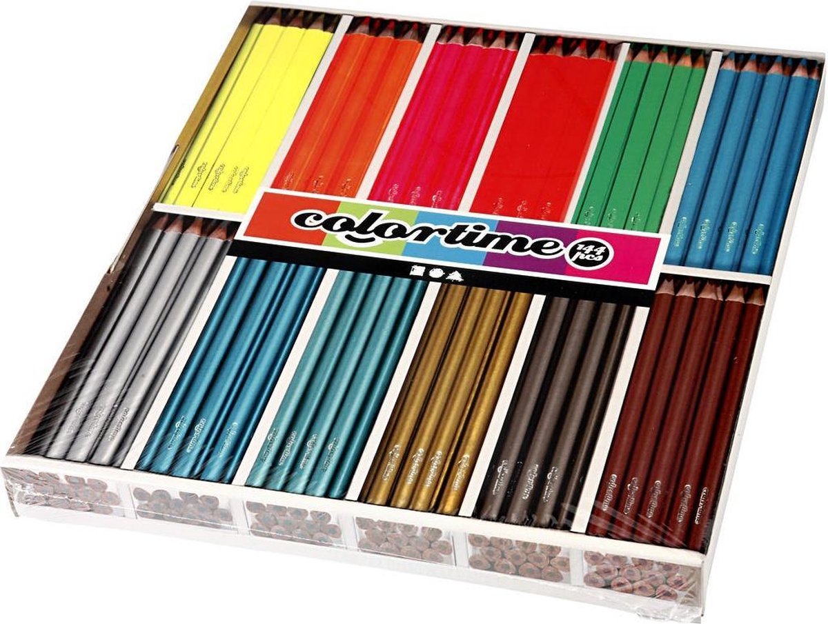 Colortime kleurpotloden, metallic kleuren, neon kleuren, L: 17,45 cm, vulling 3 mm, 144 stuk/ 1 doos