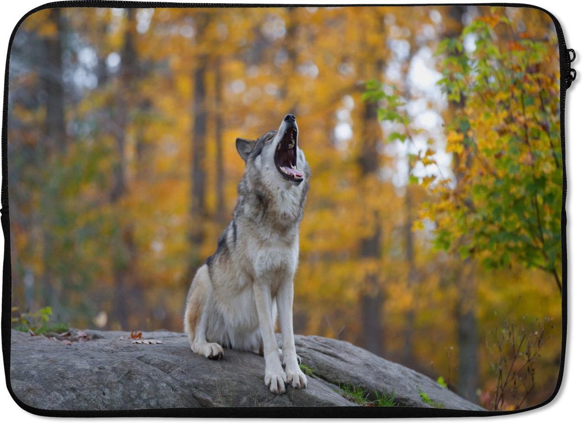 Laptophoes 14 inch - Wolf - Steen - Bos - Herfst - Laptop sleeve - Binnenmaat 33x23 cm - Zwarte achterkant