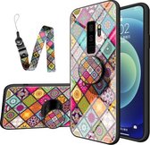 Voor Samsung Galaxy S9+ Geschilderd Etnisch Patroon Gehard Glas TPU Schokbestendig Hoesje met Opvouwbare Magnetische Houder & Nekband (Kleurrijk)