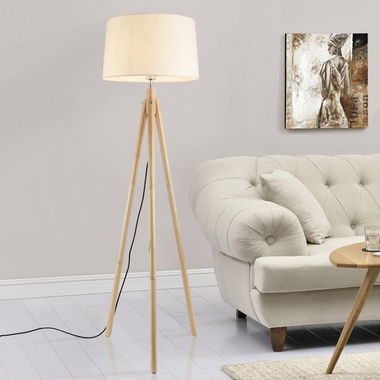 Lux.pro Staande Lamp Rochdale – 154 Cm, Hout En Rotan, Met Voetschakelaar!