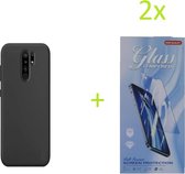 Xiaomi Redmi 9 TPU Silicone rubberen hoesje + 2 Stuks Tempered screenprotector - zwart