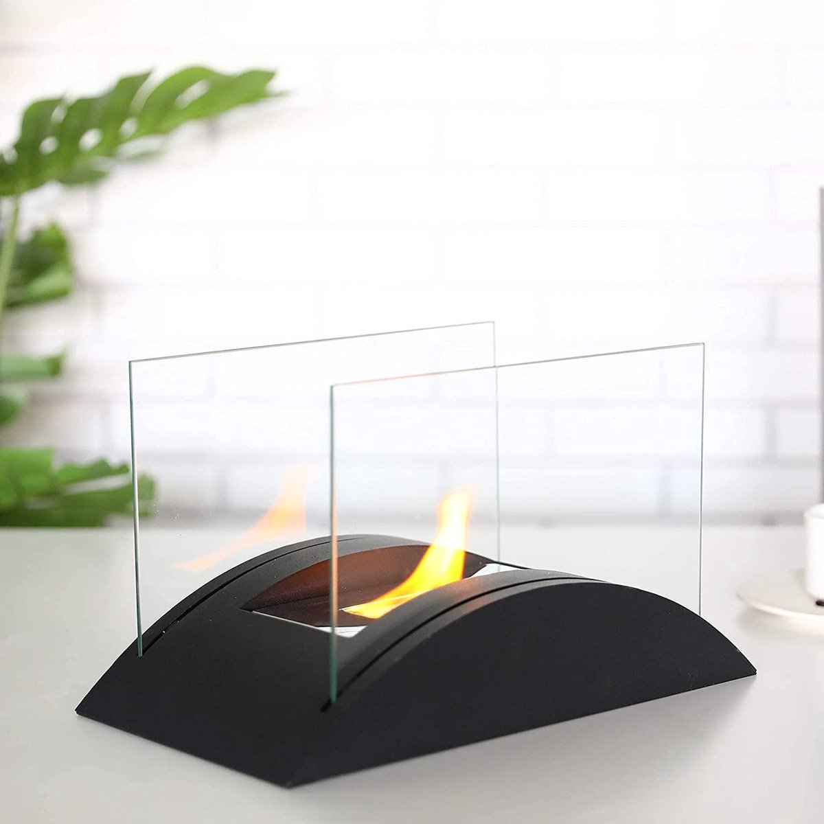 Cheminée De Table Bioéthanol Portable - Brûleur Verre Rectangulaire Noir | Décoration Sans Fumée, Intérieur/Extérieur