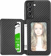 Voor Samsung Galaxy S21 5G Koolstofvezel Magnetische Kaart Tas TPU + PU Schokbestendig Achterkant Case met Houder & Kaartsleuf & Fotolijst (Zwart)