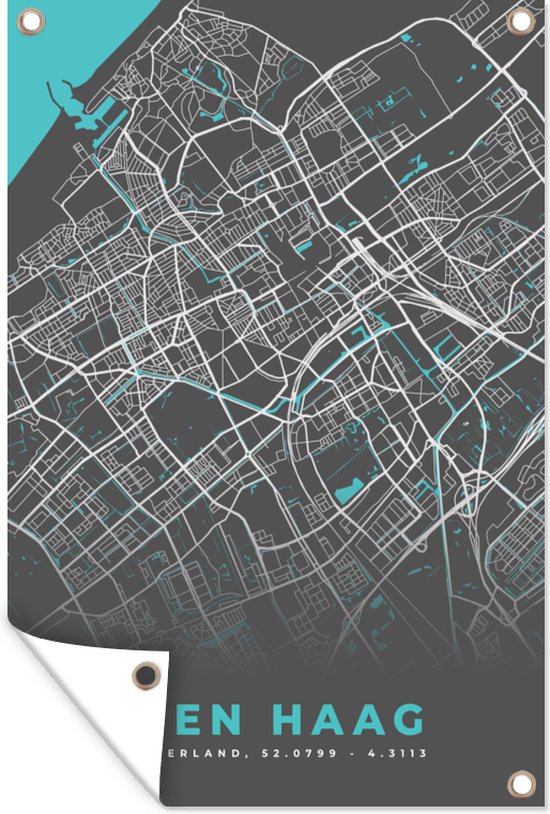 Posters de jardin extérieur Plan de la ville - La Haye - Grijs - Blauw - 60x90 cm - Carte