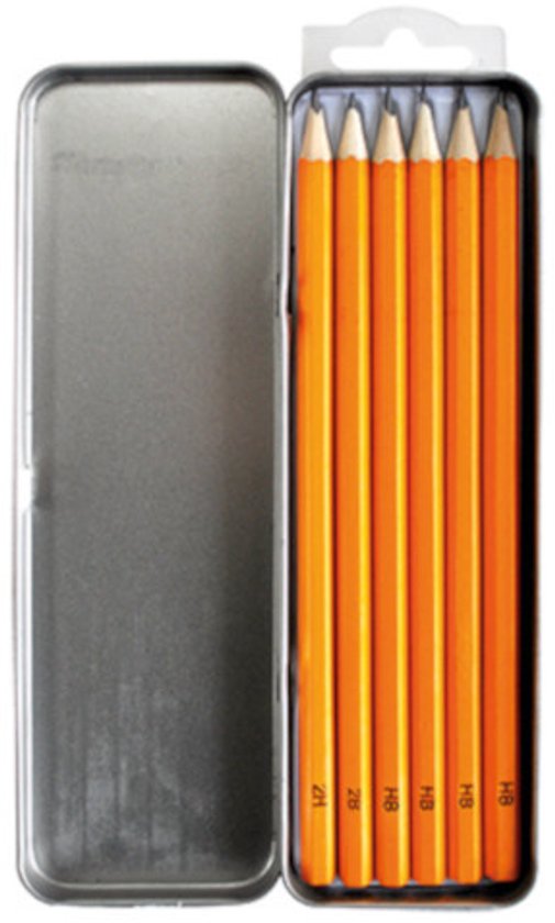 Zes gele potloden met verschillende hardheden (HB, 2B, 2H) in een zilverkleurige metalen etui.