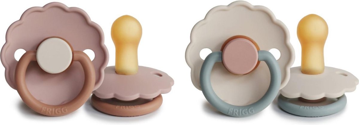 Goedkoopste FRIGG Fopspeen Daisy Natuurrubber - Cotton Candy en Biscuit - Maat 1 - Leeftijd 0 tot 6 maanden - Set van 2