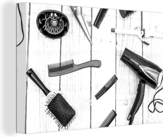 Canvas Schilderij Verschillende haarstylers die kappers gebruiken - zwart wit - Wanddecoratie