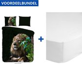 Luxe Dekbedovertrek Tweepersoons - Lits Jumeaux - 240x200/220cm - Inclusief 2 Kussenslopen - 100% Zacht Microvezel - Leeuw Groen + Zachte Katoenen Hoeslaken -160x200cm - Wit