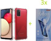 Samsung Galaxy A02s - Anti Shock Silicone Bumper Hoesje - Transparant + 3X Tempered Glass Screenprotector