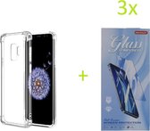 Shockproof Hoesje Geschikt voor: Samsung Galaxy S9 - Anti Shock Silicone Bumper - Transparant + 3X Tempered Glass Screenprotector