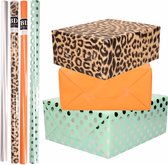 8x Rollen transparante folie/inpakpapier pakket - panterprint/oranje/mintgroen met zilveren stippen 200 x 70 cm - dierenprint papier