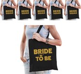 Pakket Vrijgezellenfeest vrouw tasjes/ goodiebag - 1x Bride to Be zwart goud + 7x Bride Squad zwart goud - Vrijgezellen dames