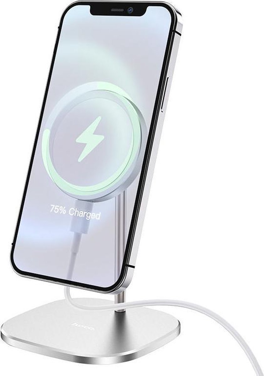 Hoco - Telefoonhouder Bureau - Draadloze Oplader Geschikt voor MagSafe iPhone - 15W - Zilver | Wit